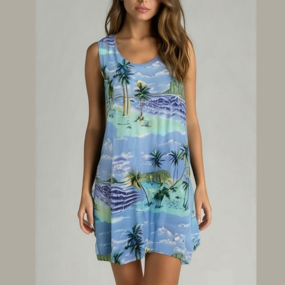 SPA Blue Tropical Sleeveless Tank Dress Small Beach Vacation Lightweight Rayon - Picture 1 of 4
